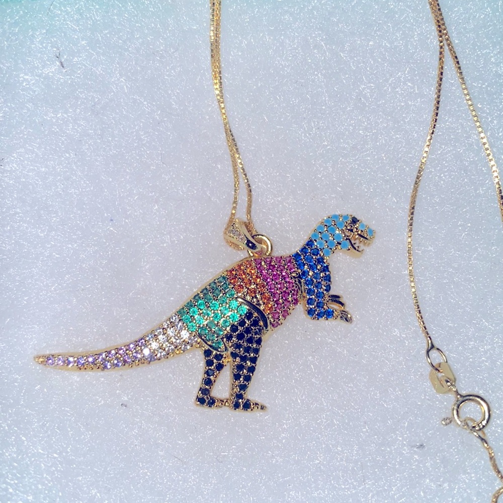 Boho hippie T-Rex Dinosaur Gold Plated over Sterling Silver 16” Necklace
